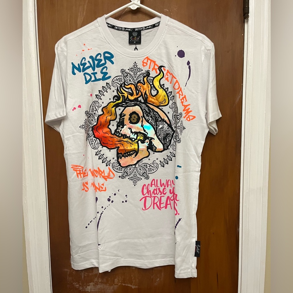 🆕. SWITCH. Men’s Vibrant White Graphic Tee with Multicolor Design. NWT size M